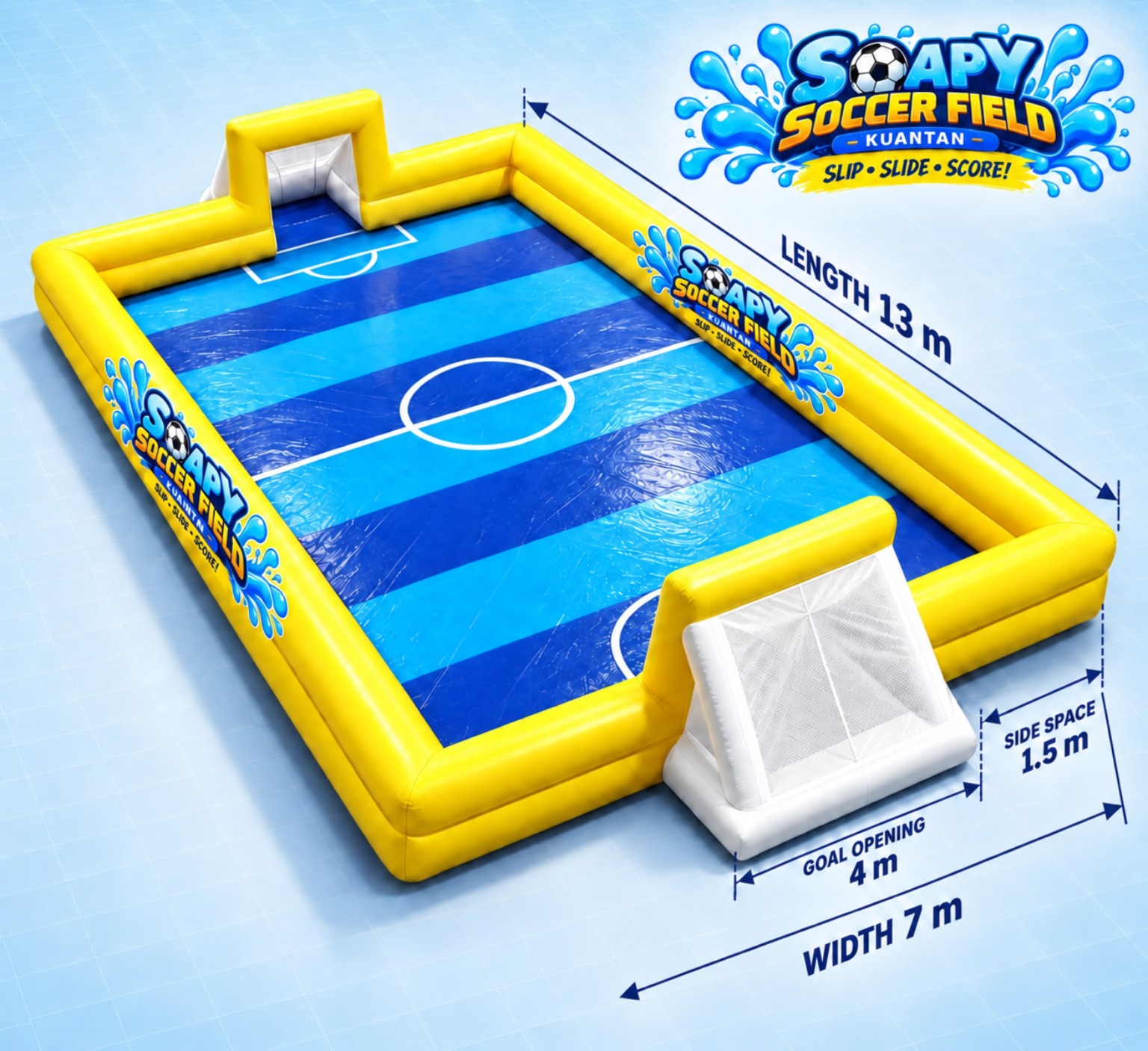 Padang inflatable Soapy Soccer Field berwarna biru dan kuning